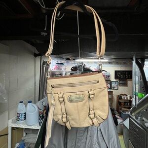 Franco Sarto Beige Leather Shoulder Bag with Buckle Accents